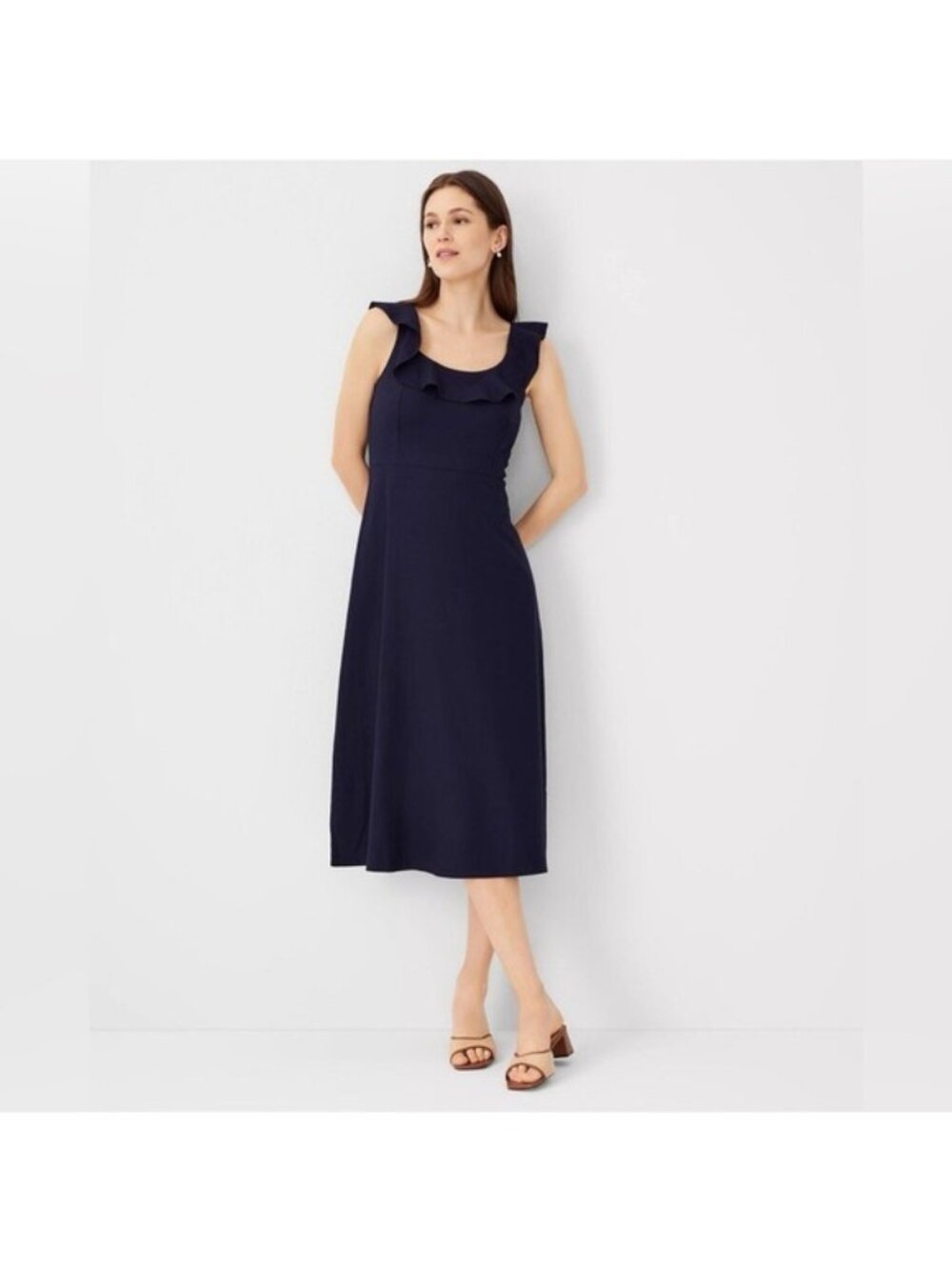Ann Taylor Navy Blue Linen Blend Scoop Flutter Sleeve Midi Dress 12 P